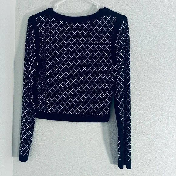 Black Stretch Long Sleeve Rhinestone Embellished Crop Top Size Large​​​ - Picture 3 of 5